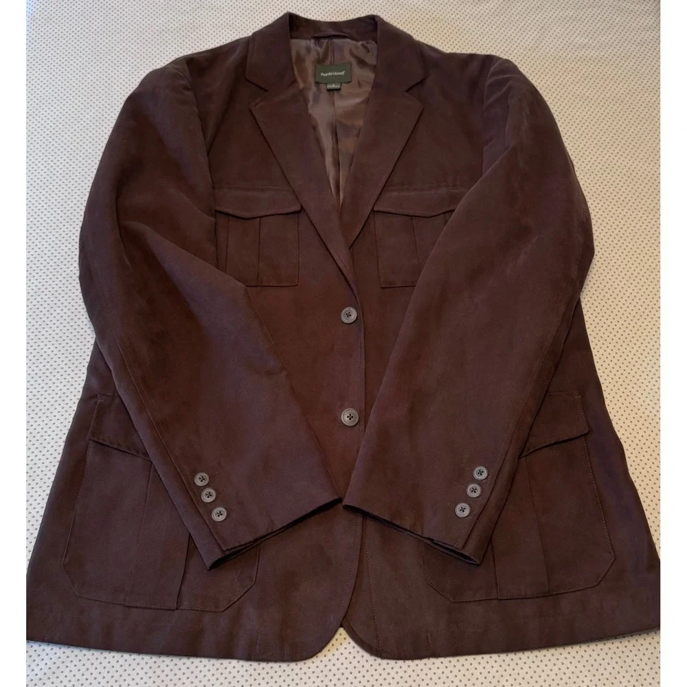 Pronto Uomo Men's Brown Faux Suede Safari Jacket Blazer Size L Four Pocket